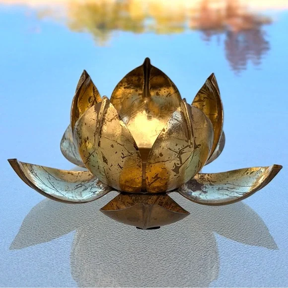 Metal Gold-Colored Lotus Flower Tea Light Holder, Mid-Century Modern - Picture 1 of 6
